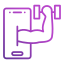 An icon of a muscular arm holding a dumbell, coming out of a mobile phone