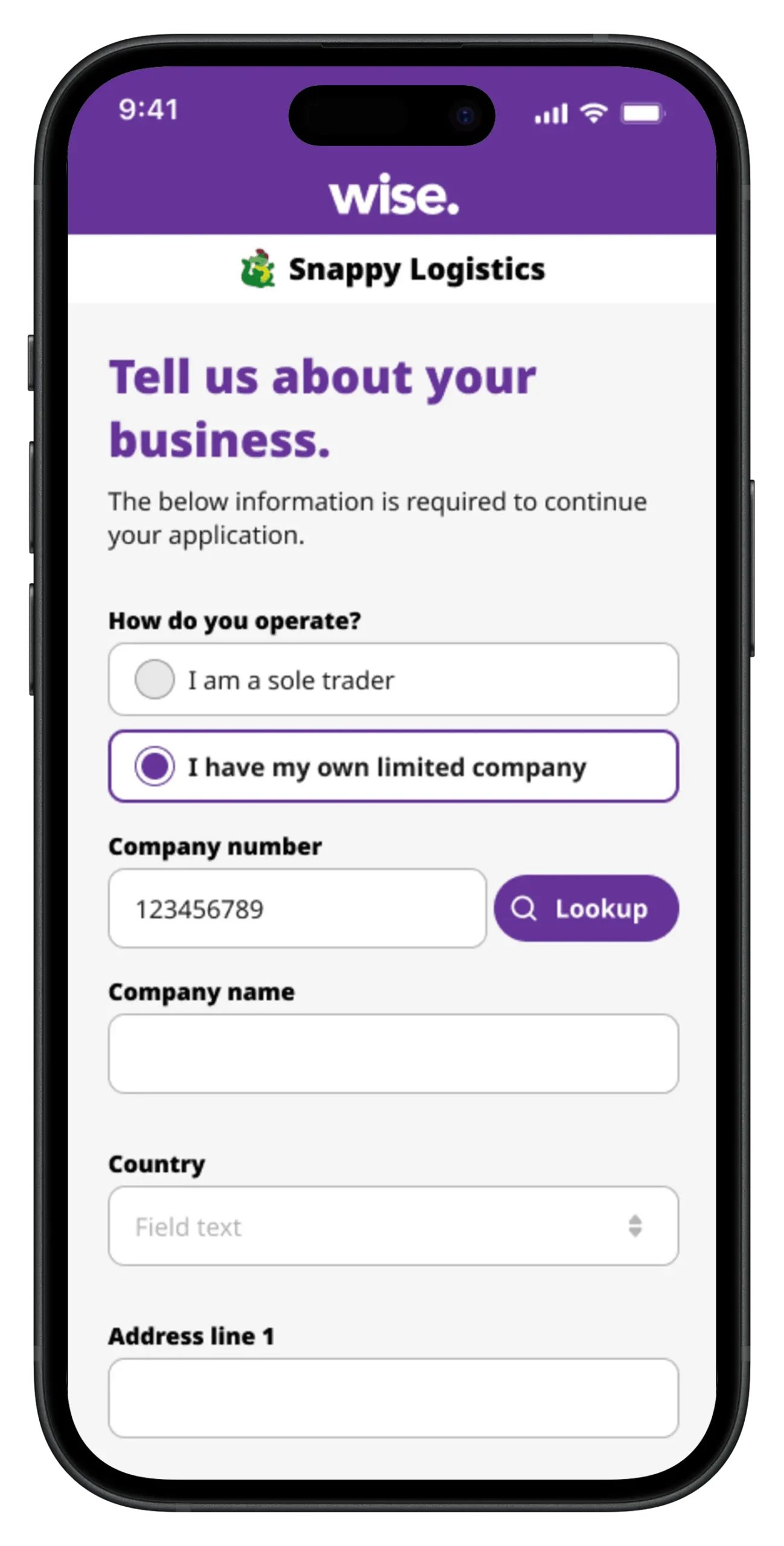 An app preview of the onboarding process, containing the form fields needed to fill it out
