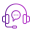 An outline icon of a customer support headset with a speech bubble inside of it