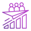 An outline icon of three people in a paper plane, travelling up an increasing graph
